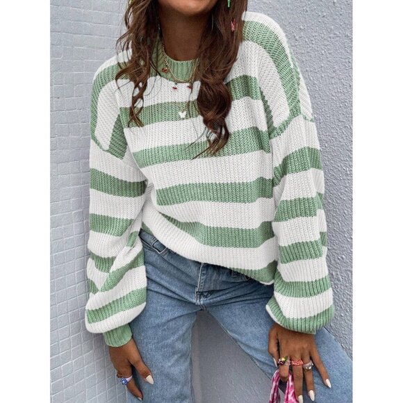 soft knit crew neck preppy striped sweater tan white - Picture 2 of 2